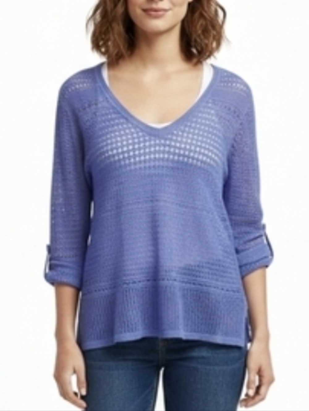 Talbots Womens Large Blue Knit Tunic Sweater Split Neck 3/4 Sleeve